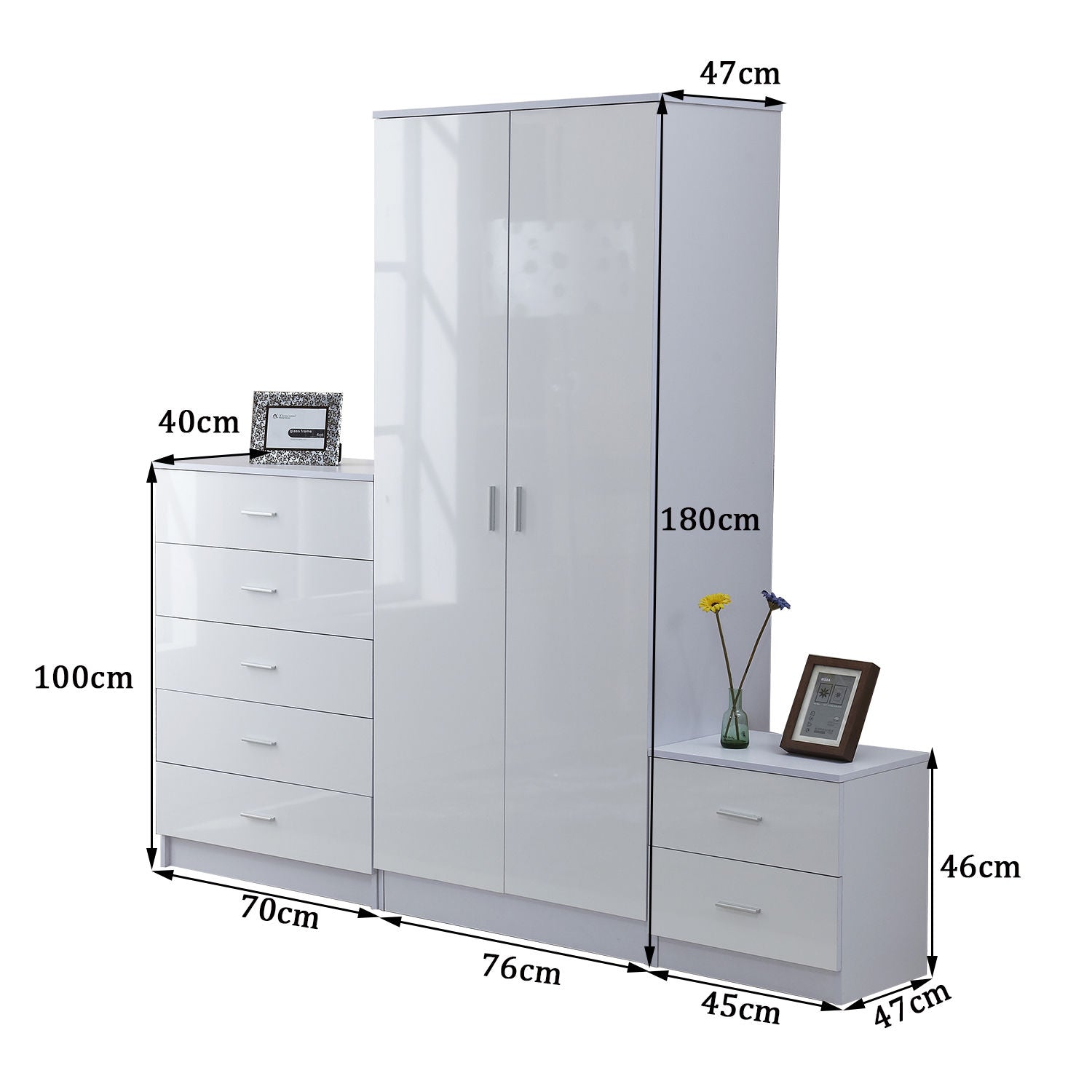 HOMCOM High Gloss 3 Piece Trio Bedroom Furniture Set Wardrobe + Chest Of Drawer + Bedside White 