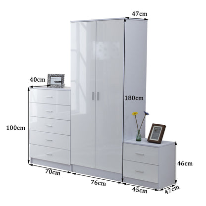 HOMCOM High Gloss 3 Piece Trio Bedroom Furniture Set Wardrobe + Chest Of Drawer + Bedside White 