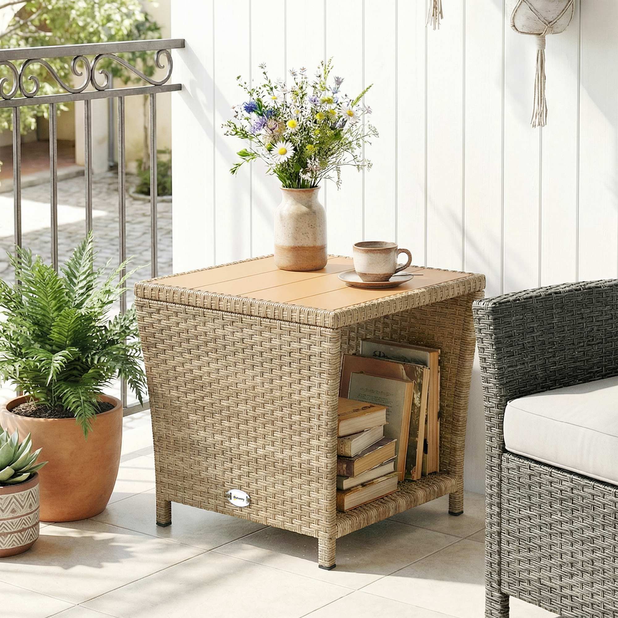 Outsunny Side Table 2-Tier Outdoor Coffee Table with Storage Shelf PS Wood Slat Top/Khaki 