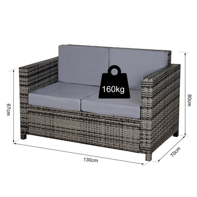 Outsunny 2 Seater Garden Furniture, Rattan Sofa with Soft Padded Cushion and Armrests, Wicker Garden Loveseat for Patio, Mixed Grey 