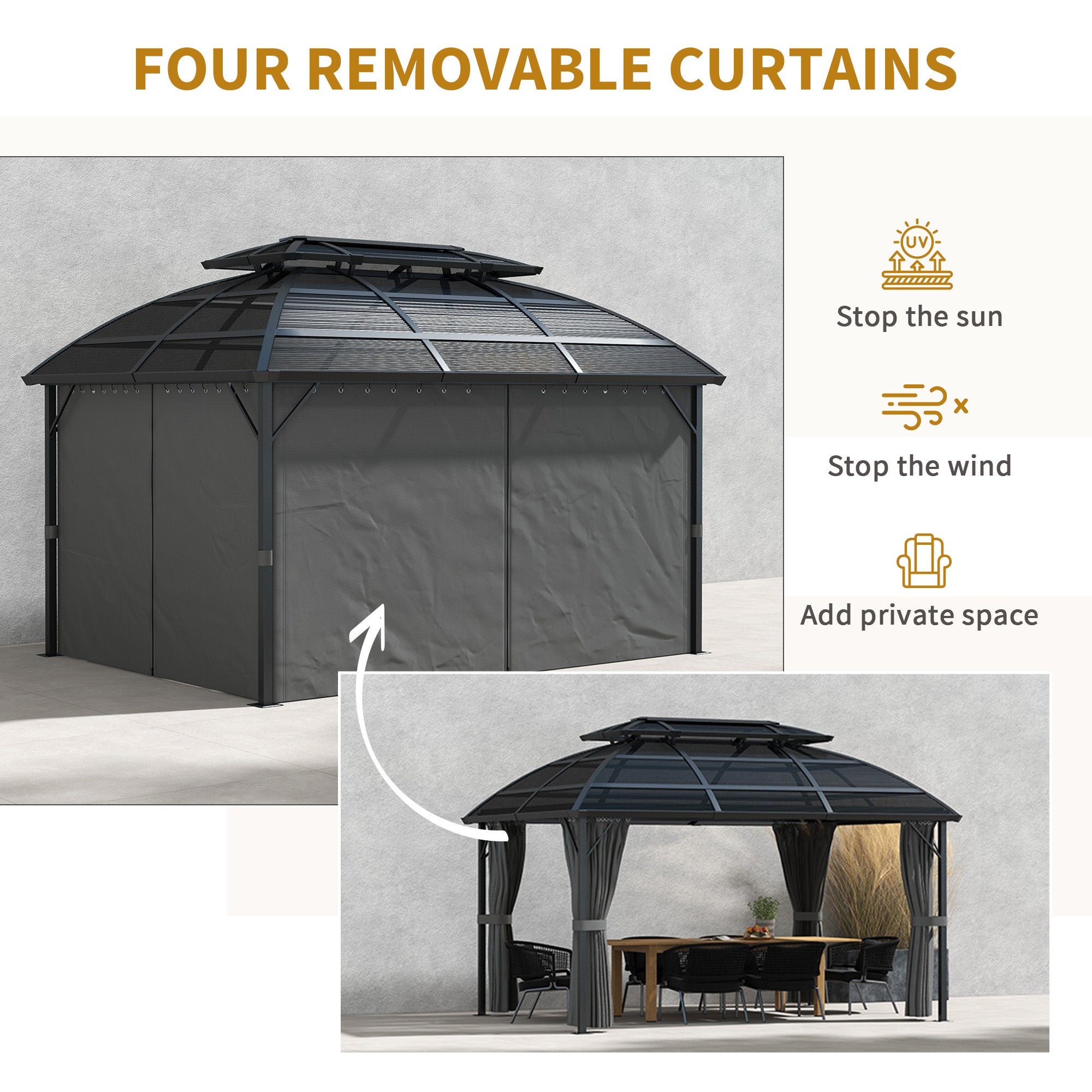 Outsunny 4 x 3m Aluminium Frame Hard Gazebo, with Accessories - Black 