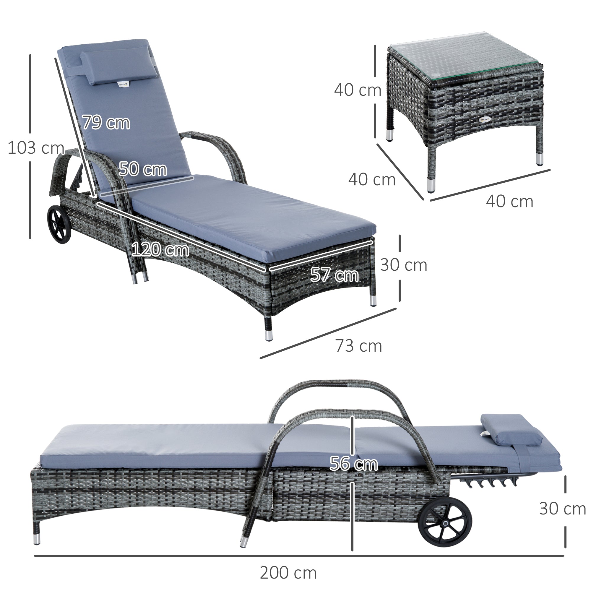 Outsunny 3 Pieces Rattan Sun Loungers, Garden Wicker Wheeling Recliner , PE Rattan Lounge Chairs w/ Cushions & Side Coffee Table Grey 