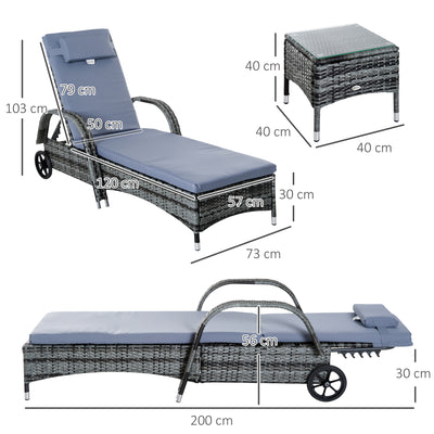 Outsunny 3 Pieces Rattan Sun Loungers, Garden Wicker Wheeling Recliner , PE Rattan Lounge Chairs w/ Cushions & Side Coffee Table Grey 