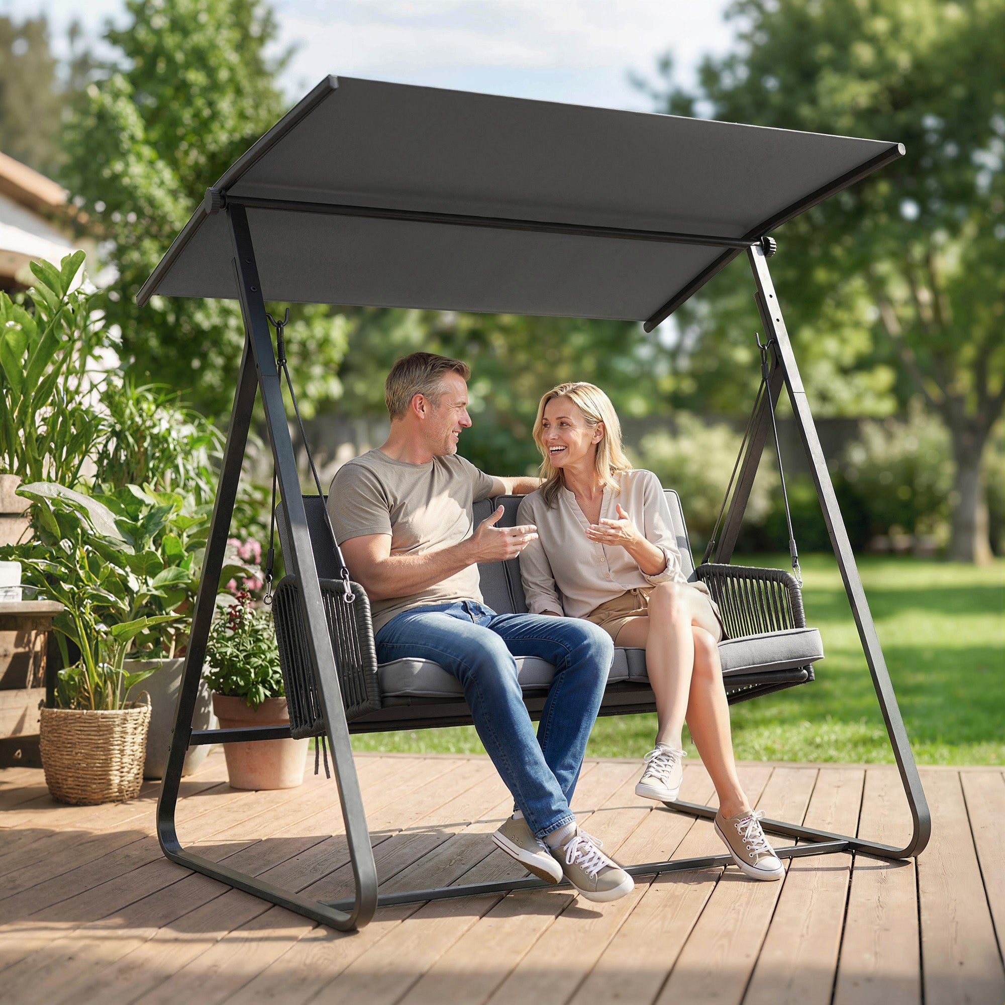 Outsunny 2-Seater Rattan Swing Chair, Outdoor Garden Hanging Swing Seat with Stand, Adjustable Canopy and Soft Cushions 
