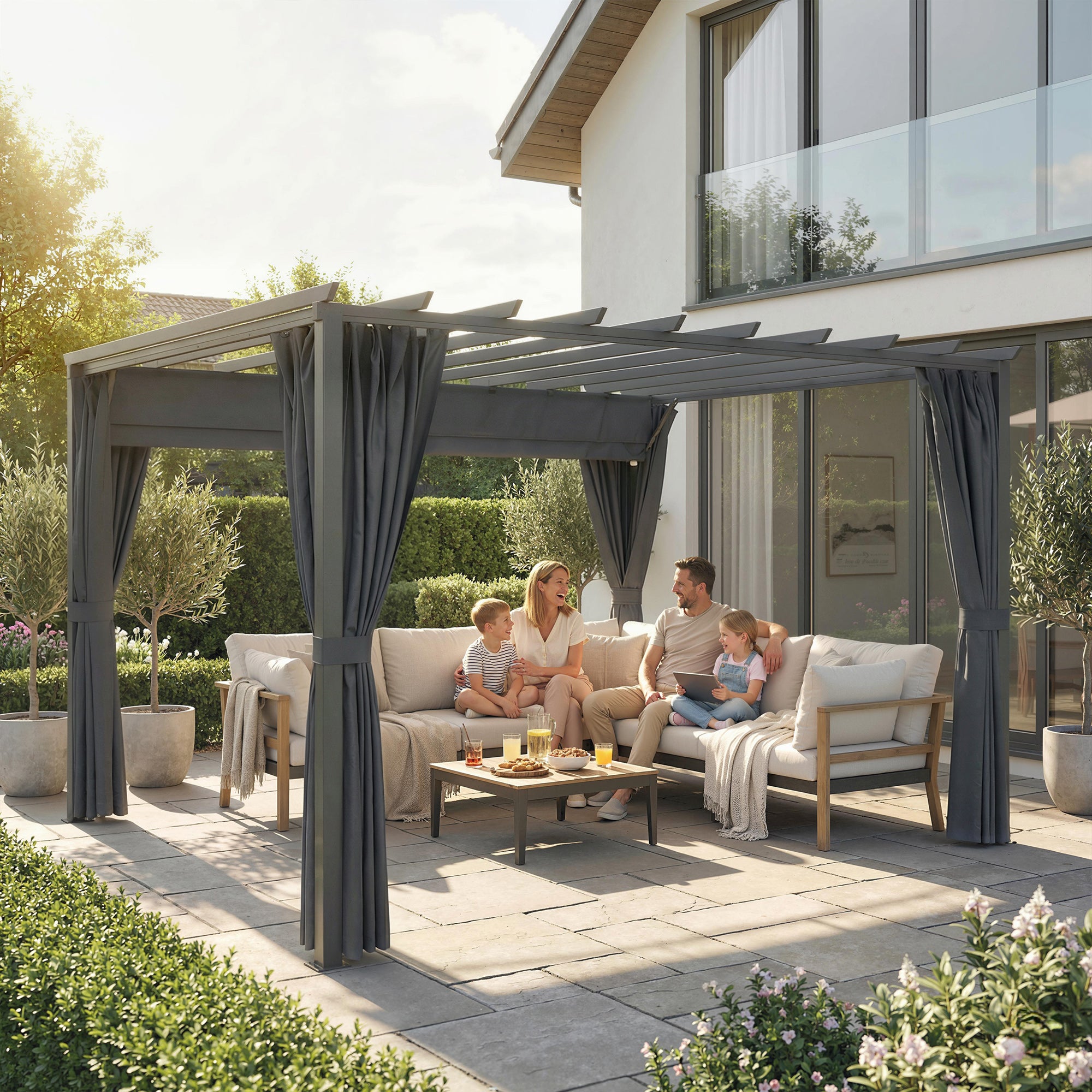 Outsunny 3.6 x 3 m Pergola with Retractable Roof Canopy, Curtains, Aluminium Garden Pergola Gazebo Sun Shade Shelter, Dark Grey 