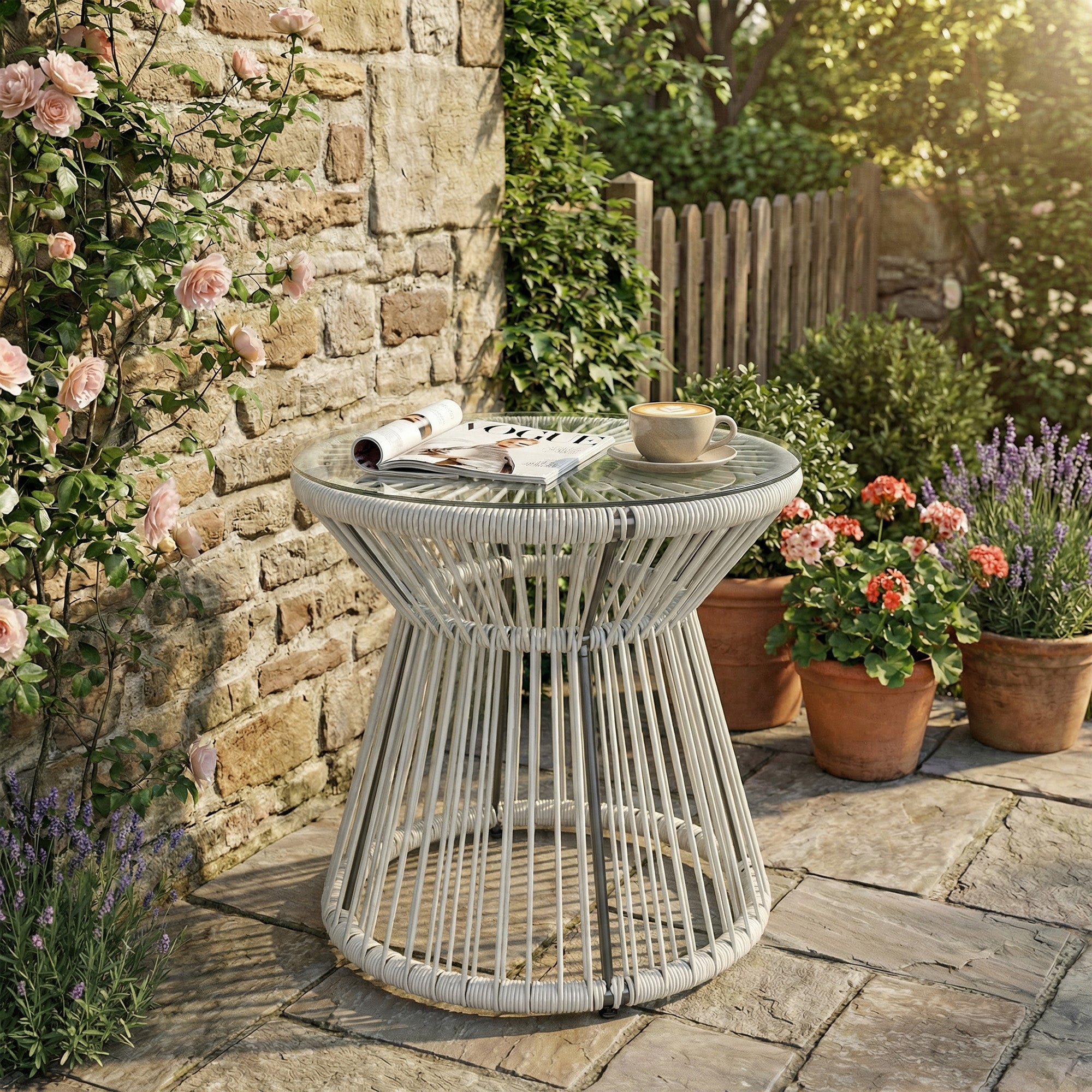 Outsunny Rattan Outdoor Coffee Table, PE Rattan Wicker Bistro Side Table with Tempered Glass Top, Light Grey 