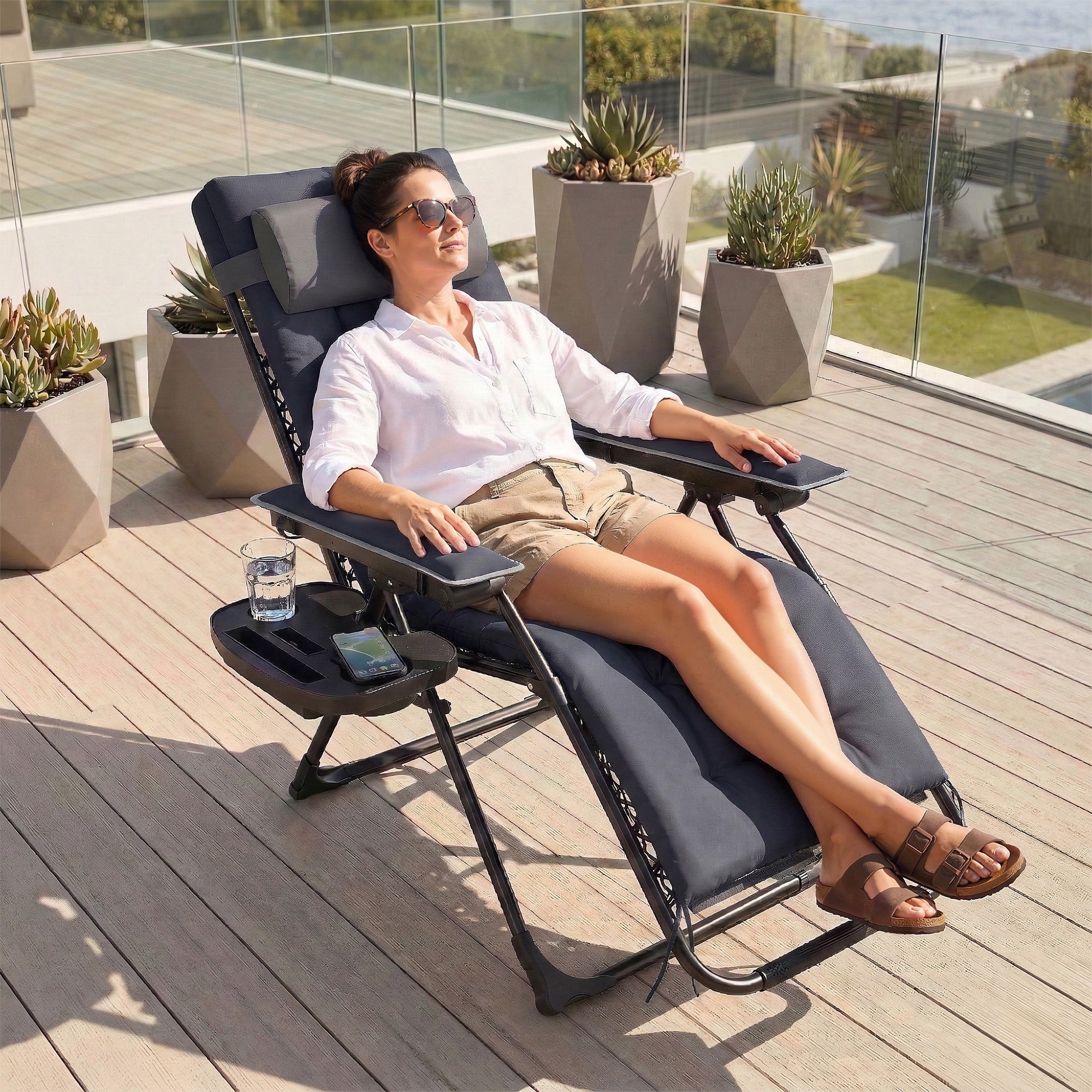 Outsunny Zero Gravity Chair, Folding Sun Lounger Reclining Garden Chair with Arm Pads, Cushion, Cup Holder, Headrest, Dark Grey 