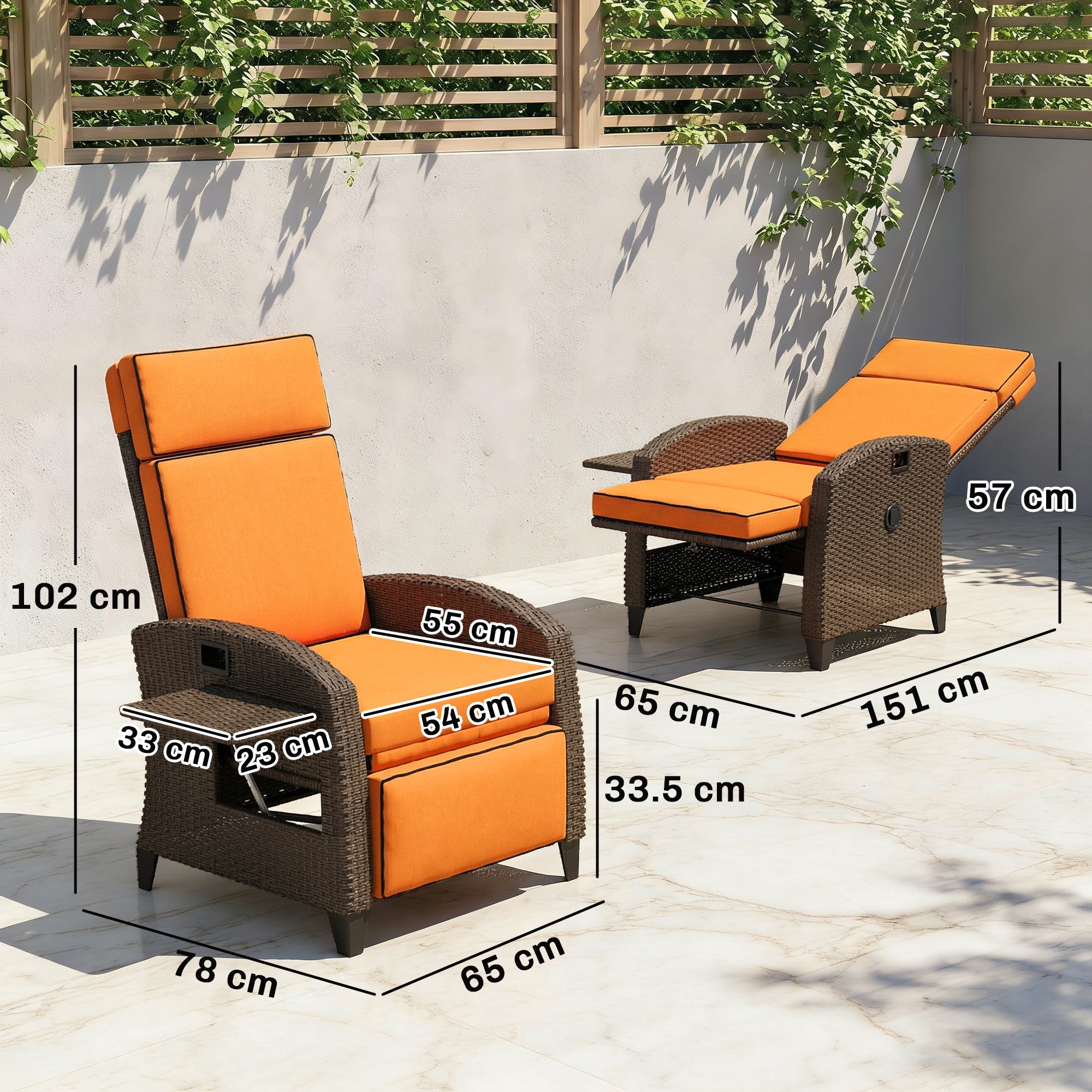 Outsunny Garden Recliner with Cushion, Outdoor Recliner Chair with Adjustable Backrest & Footrest, Side Tray, Orange 