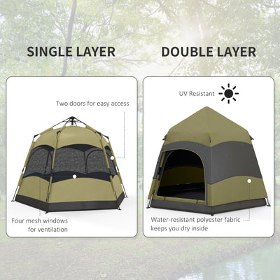 Outsunny Six Man Hexagon Camping Tent with Hang Hook and Carry Bag - Dark Green and Light Grey 