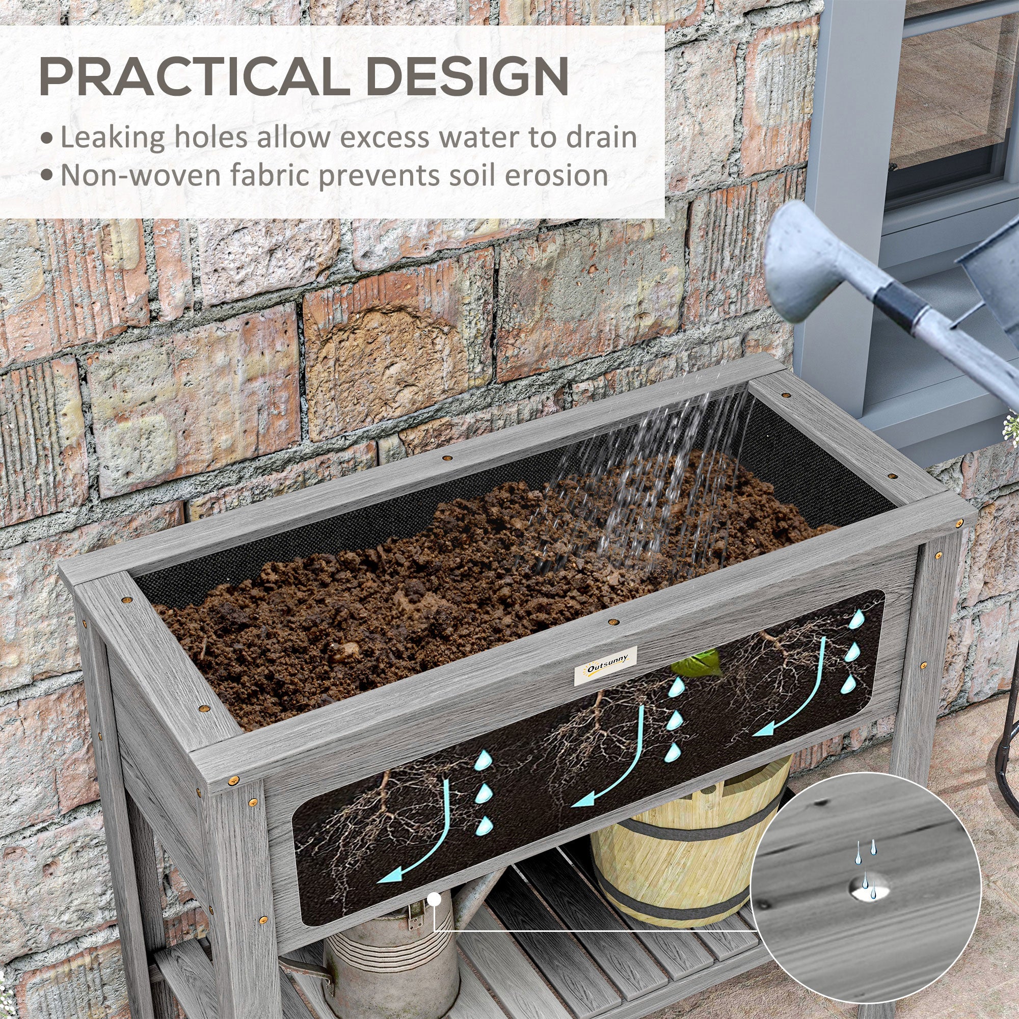 Outsunny Wooden Raised Garden Bed, Elevated Planter Box with Storage Shelf and Drainage Holes, Raised Planter with Legs, Grey 