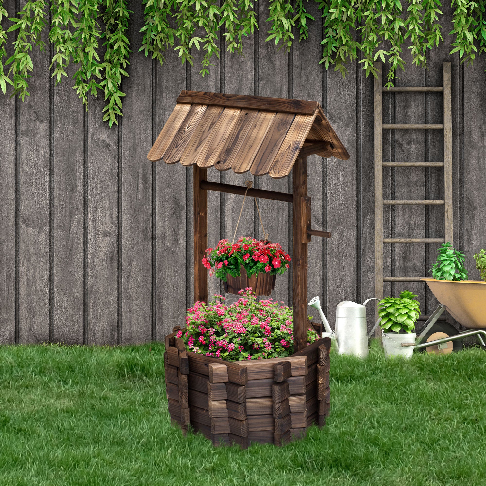 Outsunny Wooden Wishing Well Planter Outdoor Flower Pot Backyard Garden Decor w/ Bucket 