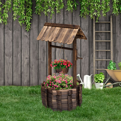 Outsunny Wooden Wishing Well Planter Outdoor Flower Pot Backyard Garden Decor w/ Bucket 