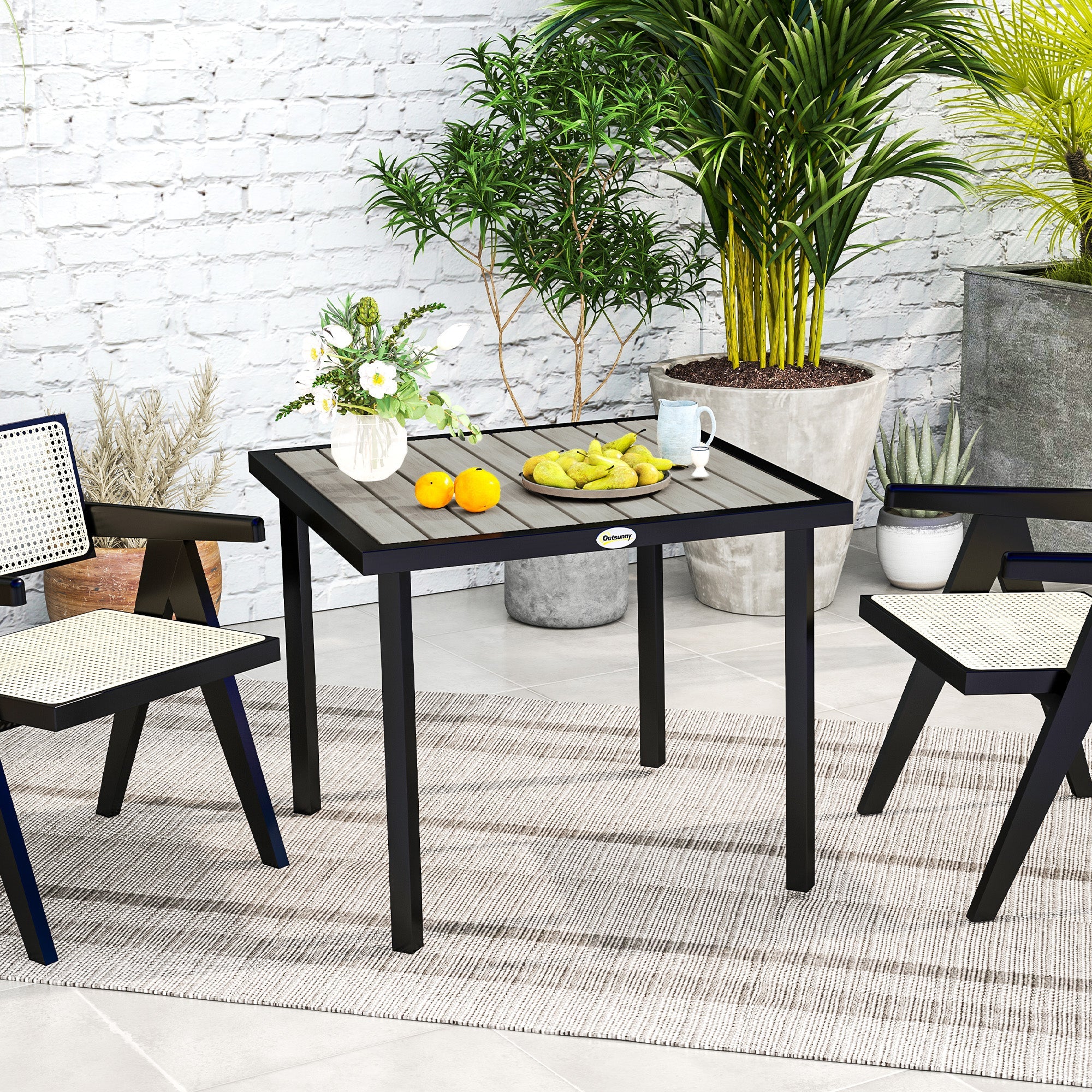 Outsunny Square Garden Dining Table with 5.4cm Parasol Hole, Slatted Top, Metal Frame, 86 x 86 x 71 cm, Light Grey 