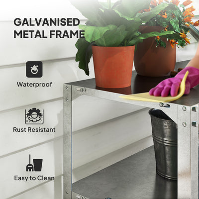 Outsunny 2 Tier Potting Bench Table, Galvanised Steel Garden Planting Work Bench Workstation with Storage Shelf for Outdoor, Patio, Greenhouse, 110 x 50 x 75 cm, Silver Tone 