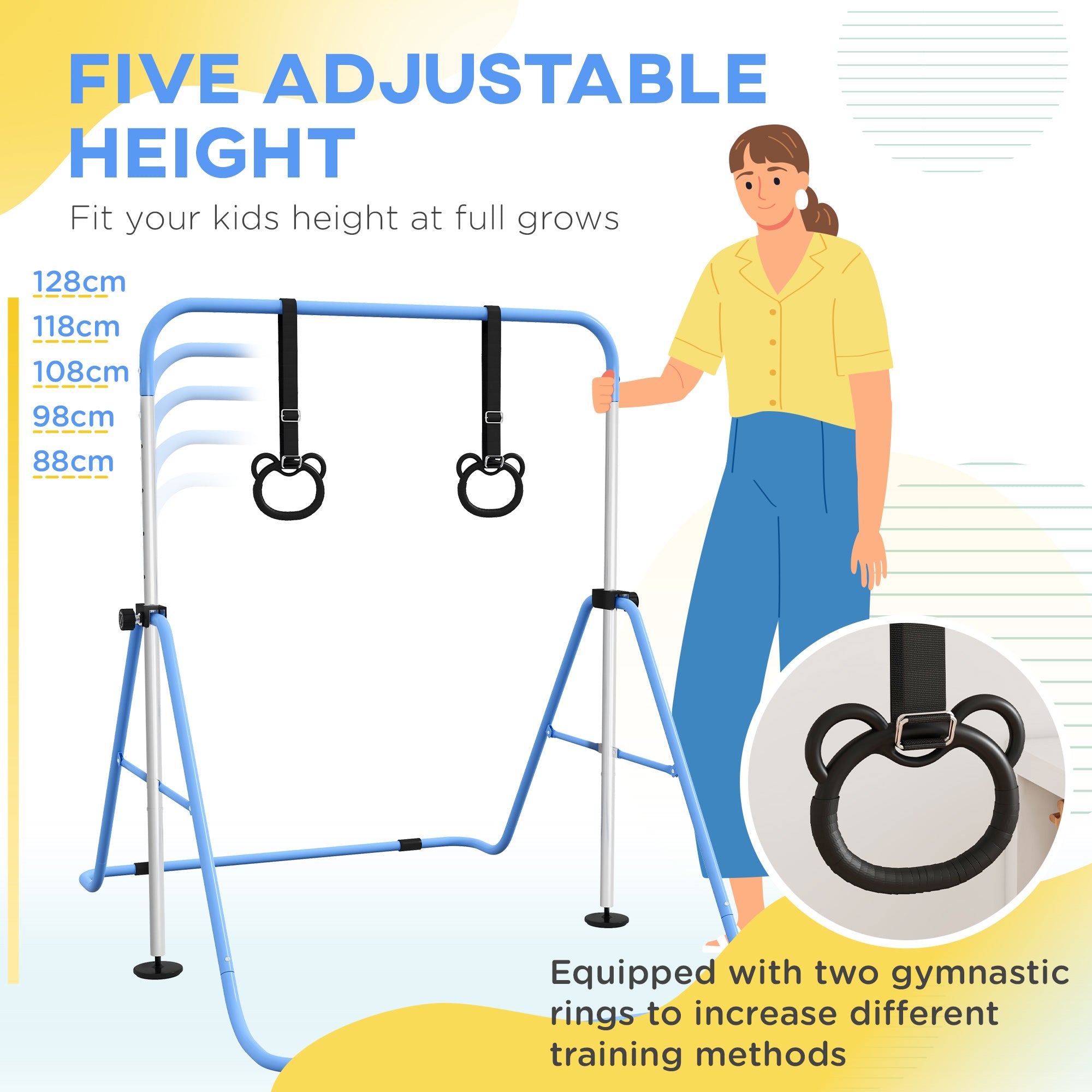 HOMCOM Adjustable Height, Foldable Kids Gymnastics Bar w/ Non-Slip Mats, for 3+ Years, Blue 