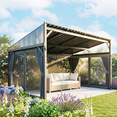 Outsunny 4.3 x 3 m Garden Pergola with Galvanised Steel Roof, Lean to Pergola Gazebo with Netting Curtains, Dark Grey 