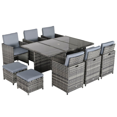 Outsunny 10 Seater Rattan Cube Garden Furniture Set with Parasol Hole, Rattan Dining Set with Cushions, Outdoor Dining Table and Chairs with Rectangular Glass Top Table for Patio, Mixed Grey 