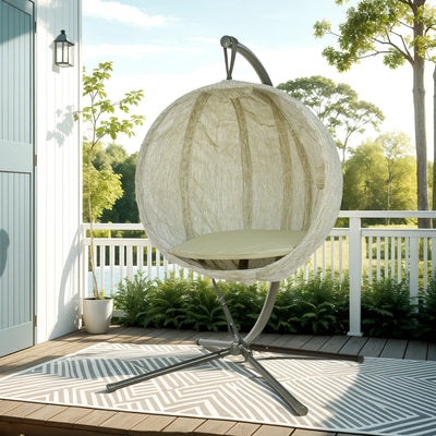 Outsunny Hanging Egg Chair Outdoor Indoor Garden Swing Chair with Folding Basket, Garden Hanging Chair with Stand, Thickened Cushion, Cup Holder for Patio, Balcony, Khaki 