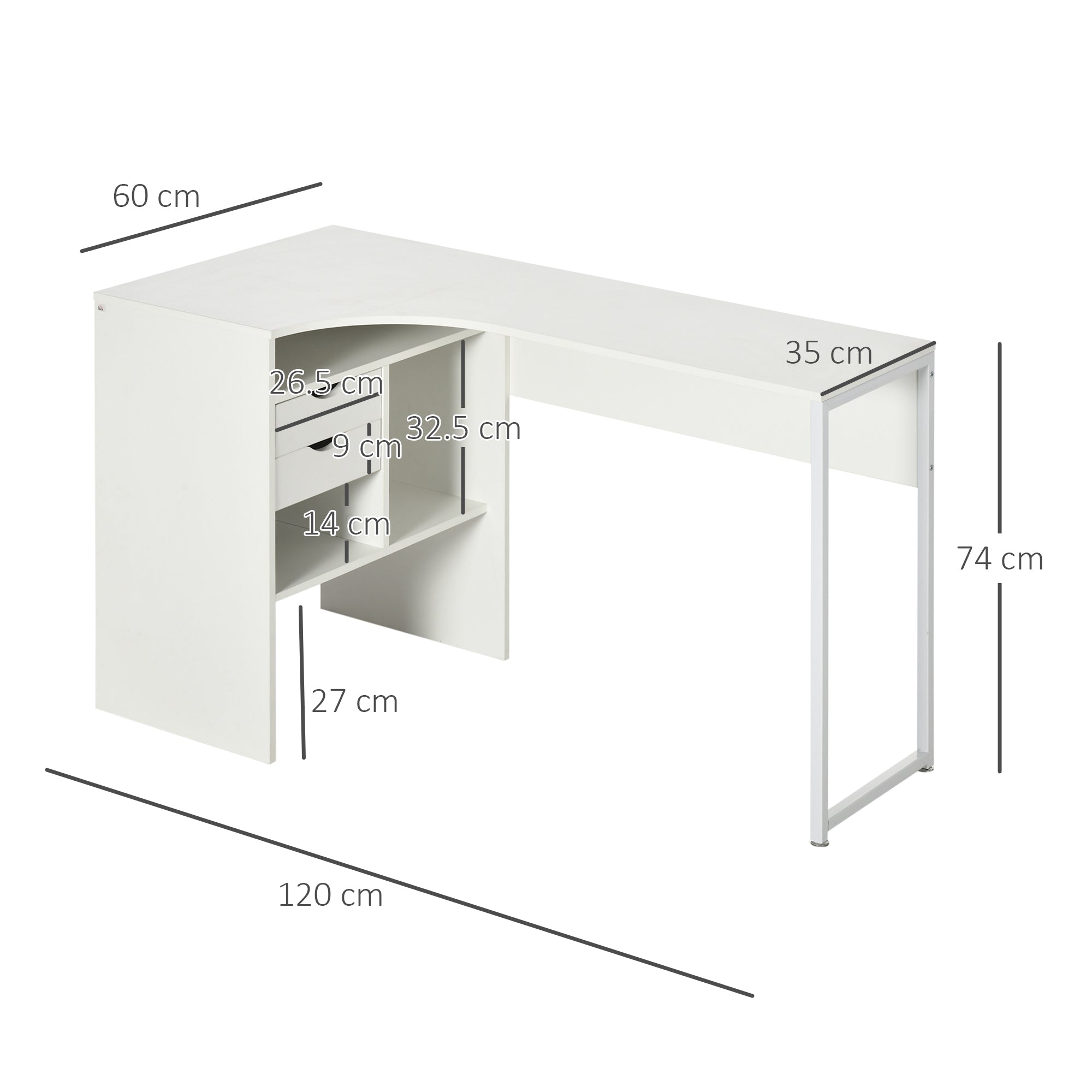 HOMCOM L Shaped Desk, 120cm Computer Desk, Corner Desk with 2 Drawers and 3 Storage Compartments for Home Office, Study Workstation, White 