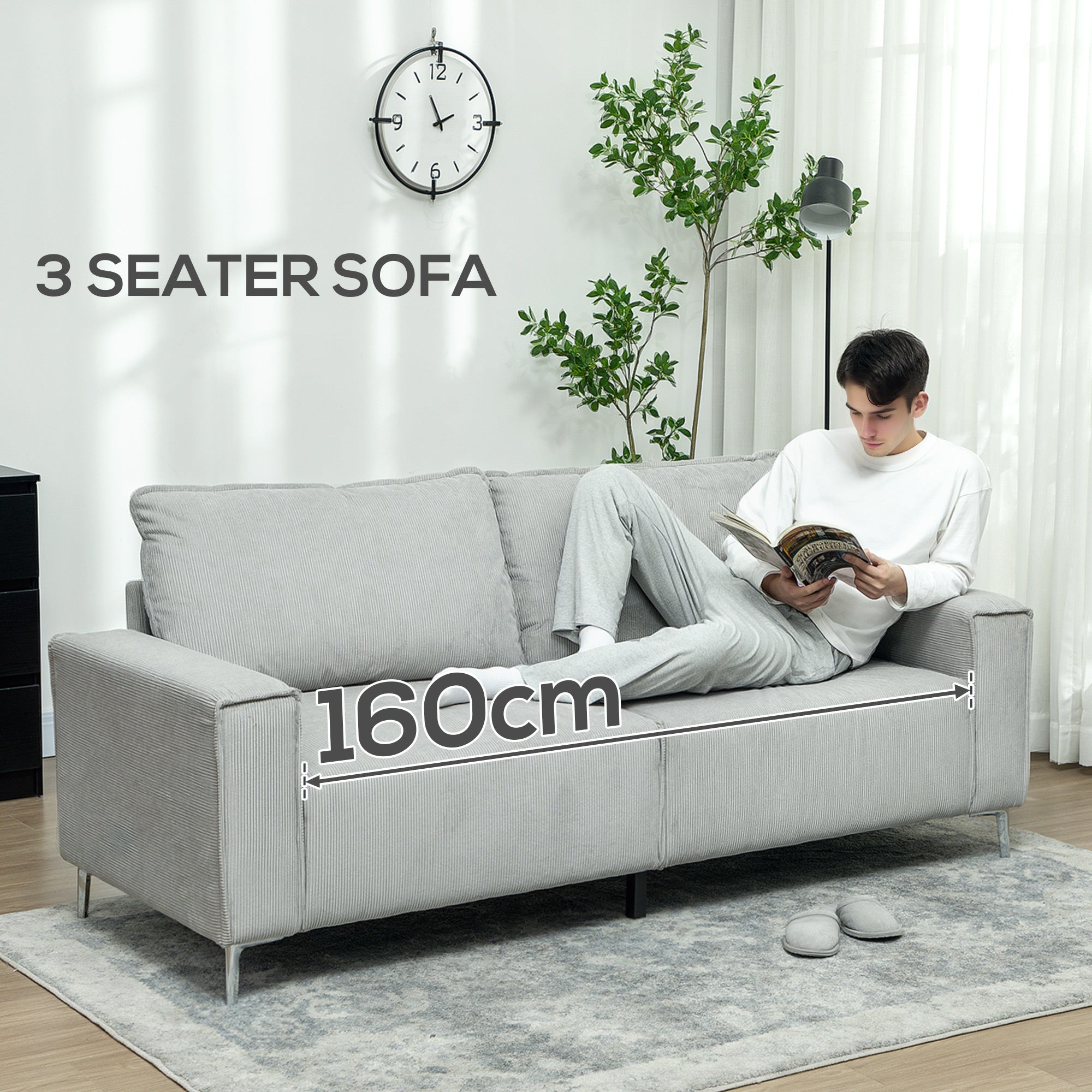 HOMCOM Three-Seater Corduroy - Light Grey 