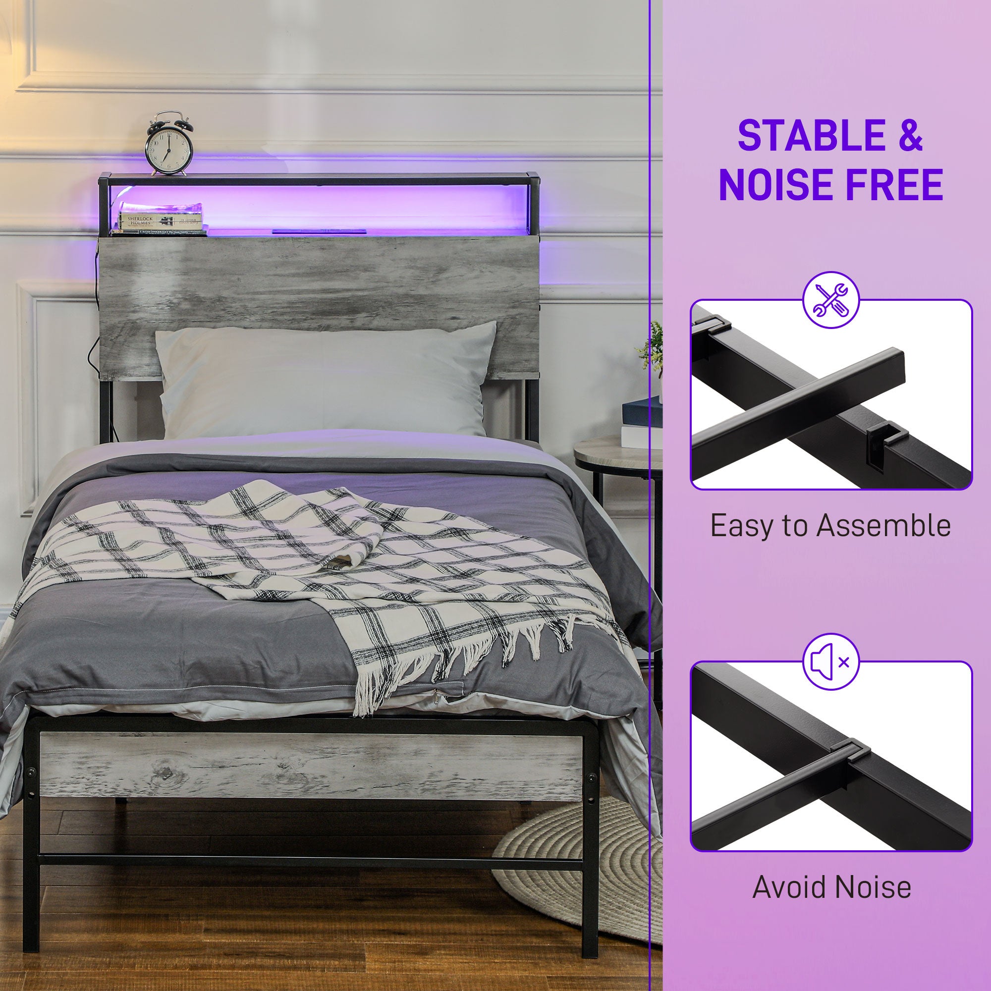 HOMCOM Single Steel Bed Frame, with LED Lights and Headboard Shelf - Grey 