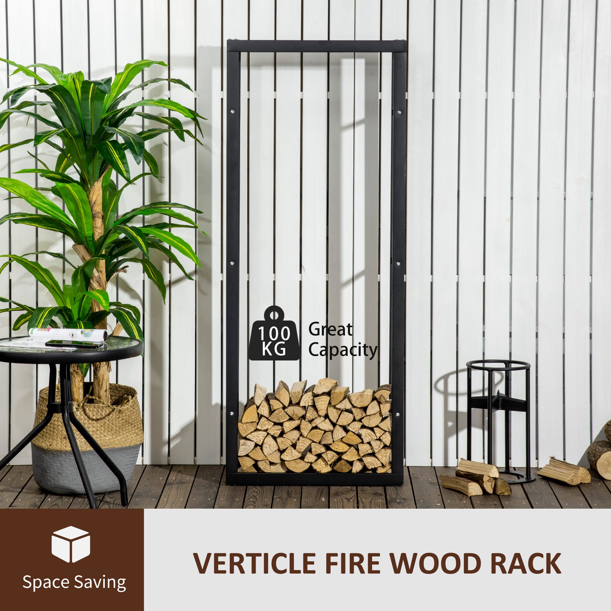 HOMCOM Metal Firewood Log Holder Tall Firewood Rack Indoor Outdoor Fireplace Wood Storage Shelf, Black, 60Wx25Dx150Hcm 
