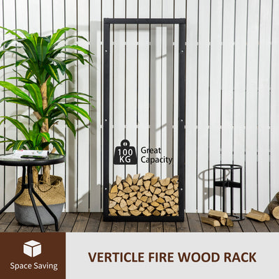 HOMCOM Metal Firewood Log Holder Tall Firewood Rack Indoor Outdoor Fireplace Wood Storage Shelf, Black, 60Wx25Dx150Hcm 
