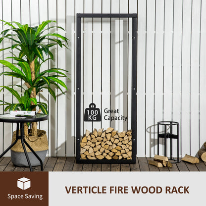 HOMCOM Metal Firewood Log Holder Tall Firewood Rack Indoor Outdoor Fireplace Wood Storage Shelf, Black, 60Wx25Dx150Hcm 