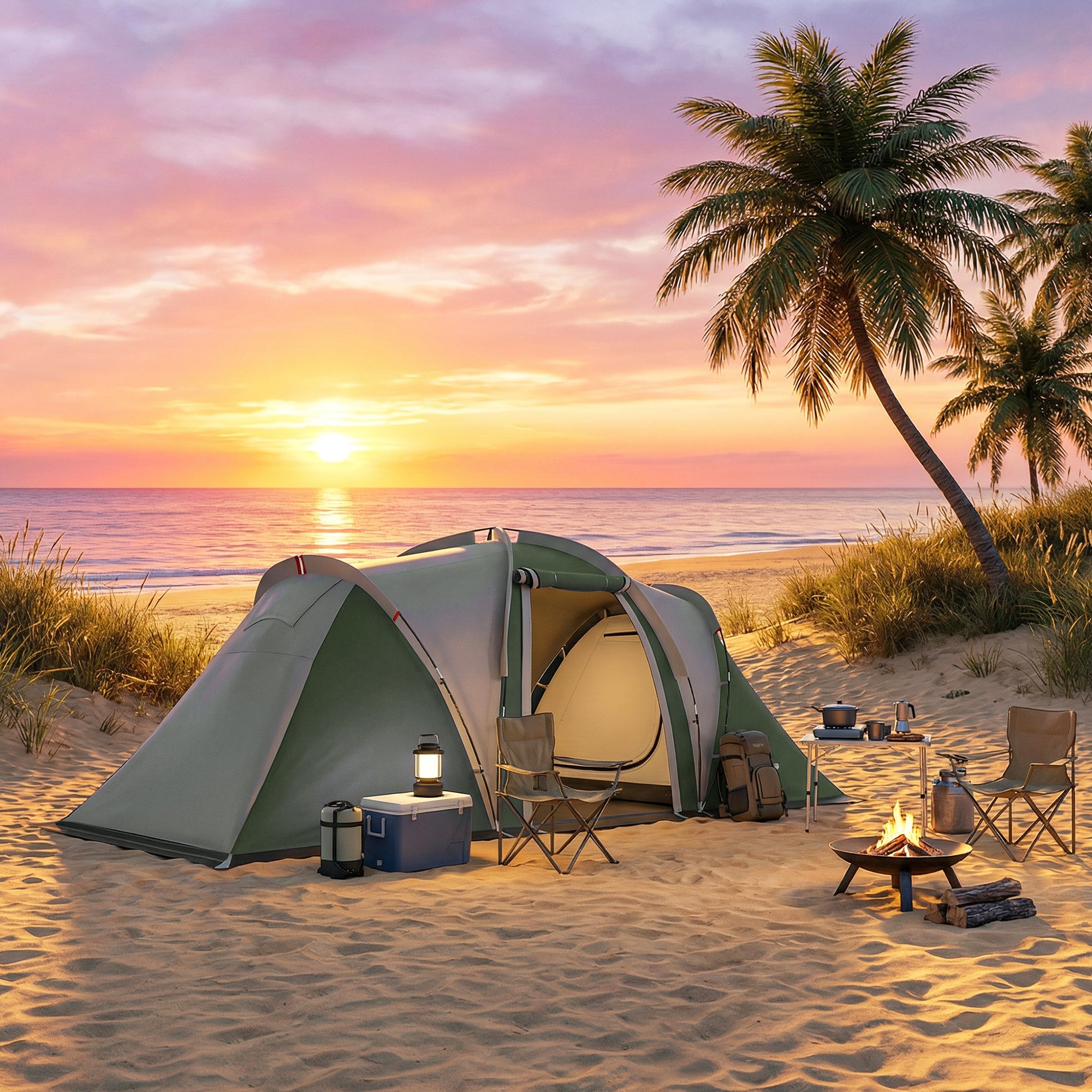Outsunny Family Camping Tent 3000mm Waterproof Windproof Tunnel Tent 8-12 Person Two Bedrooms Green 