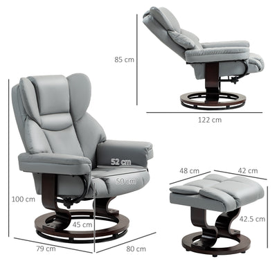 HOMCOM Faux Leather Recliner Chair and Footstool, Swivel Upholstered Armchair and Footstool with Adjustable Backrest, Solid Wood Base for Living Room, Light Grey 