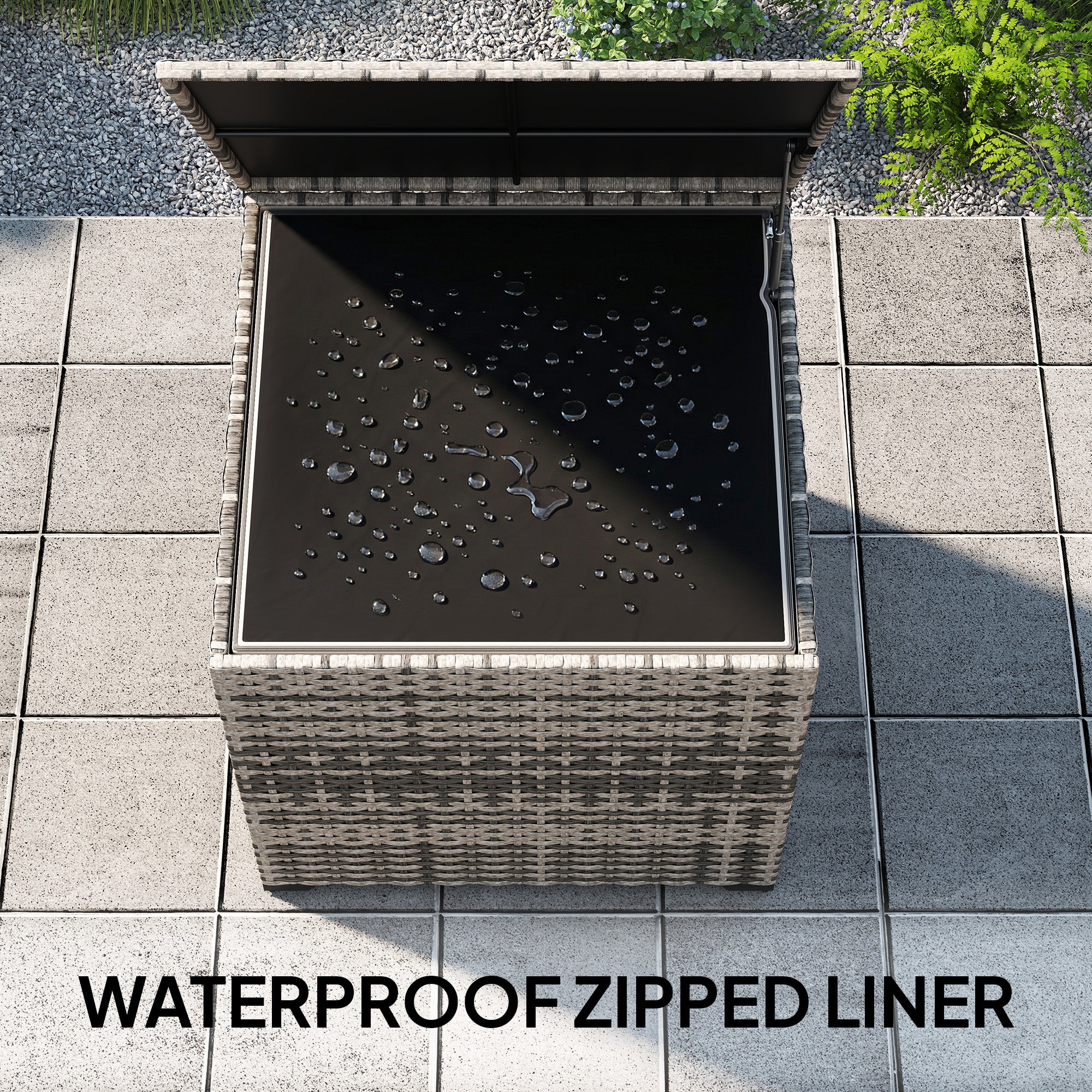 Outsunny 253L Garden Storage Box, Rattan Deck Box with Zipped Liner, Safe Pneumatic Rod, Patio Storage Container, Mixed Grey 