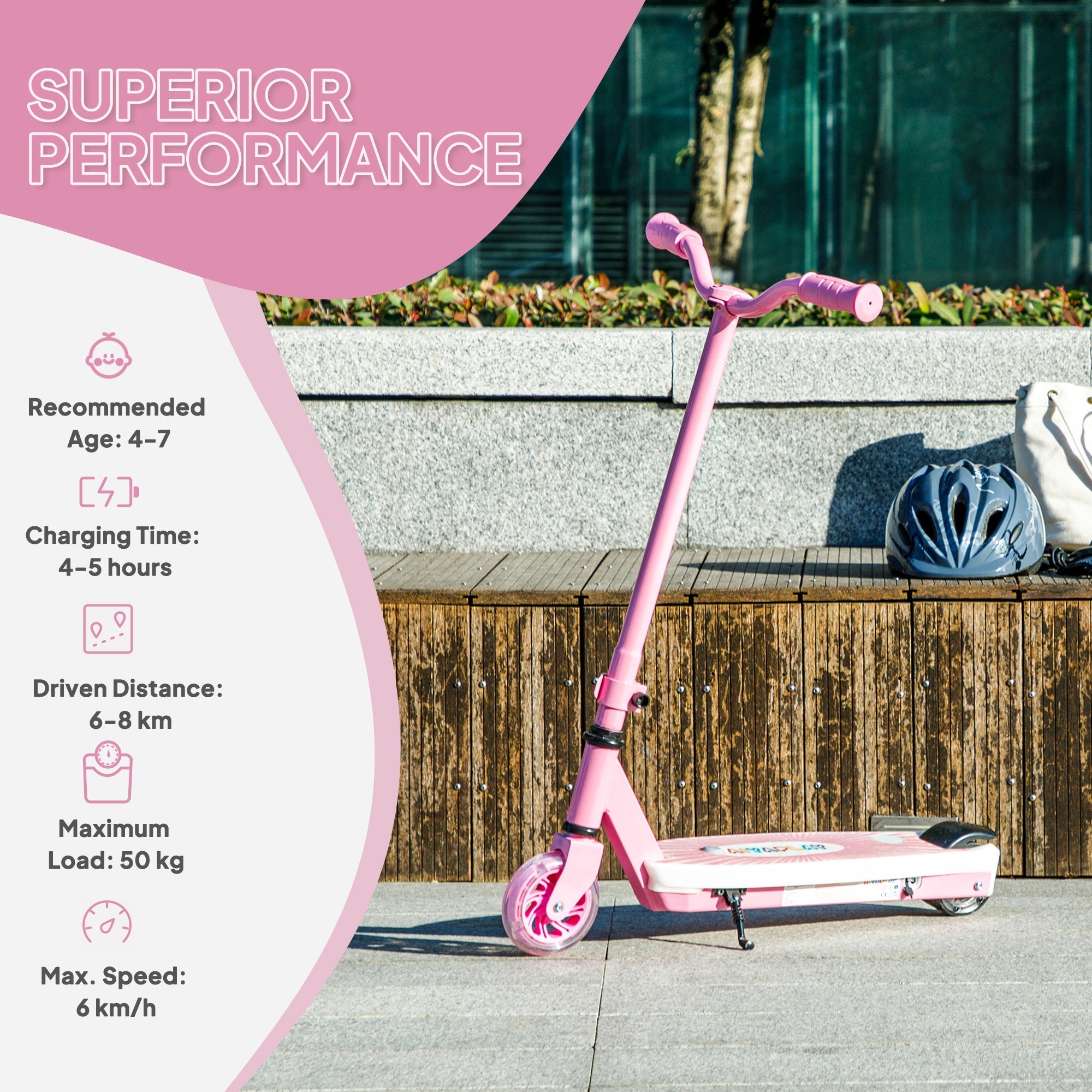 AIYAPLAY Electric Scooter for Kids Ages 4-7, with Auxiliary Rear Wheels, Flashing LED Light and Electric Brake, Kids Electric Scooter for Boys Girls, 6 KM/H & 8 KM, Pink 
