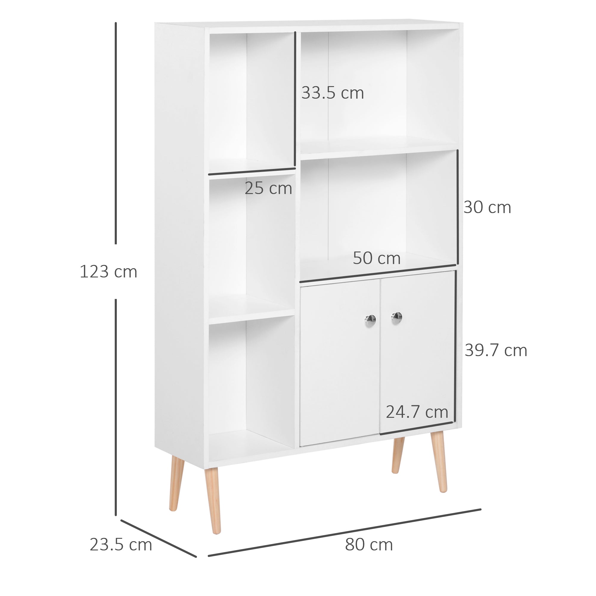HOMCOM Sideboard Storage Cabinet Cupboard, Open Bookcase with 2 Doors 5 Compartments Wooden Modern Style for Living Room Bedroom Kitchen 80 x 23 x 123 cm, White 