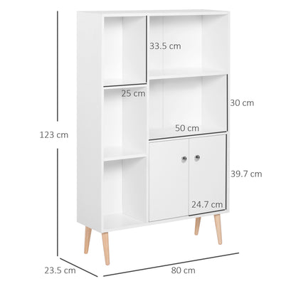 HOMCOM Sideboard Storage Cabinet Cupboard, Open Bookcase with 2 Doors 5 Compartments Wooden Modern Style for Living Room Bedroom Kitchen 80 x 23 x 123 cm, White 