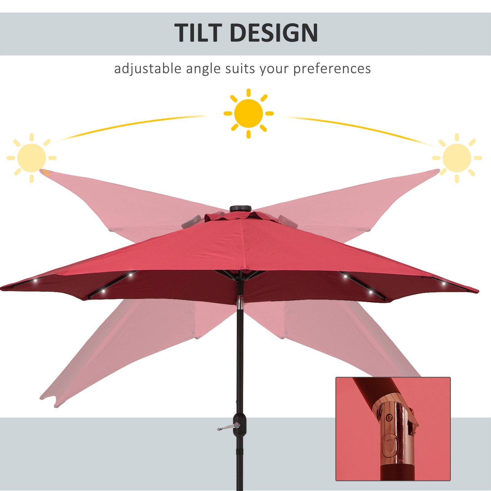 Outsunny 2.7m Patio Garden Umbrella Outdoor Parasol with Tilt Crank and 24 LEDs Lights (Red) 