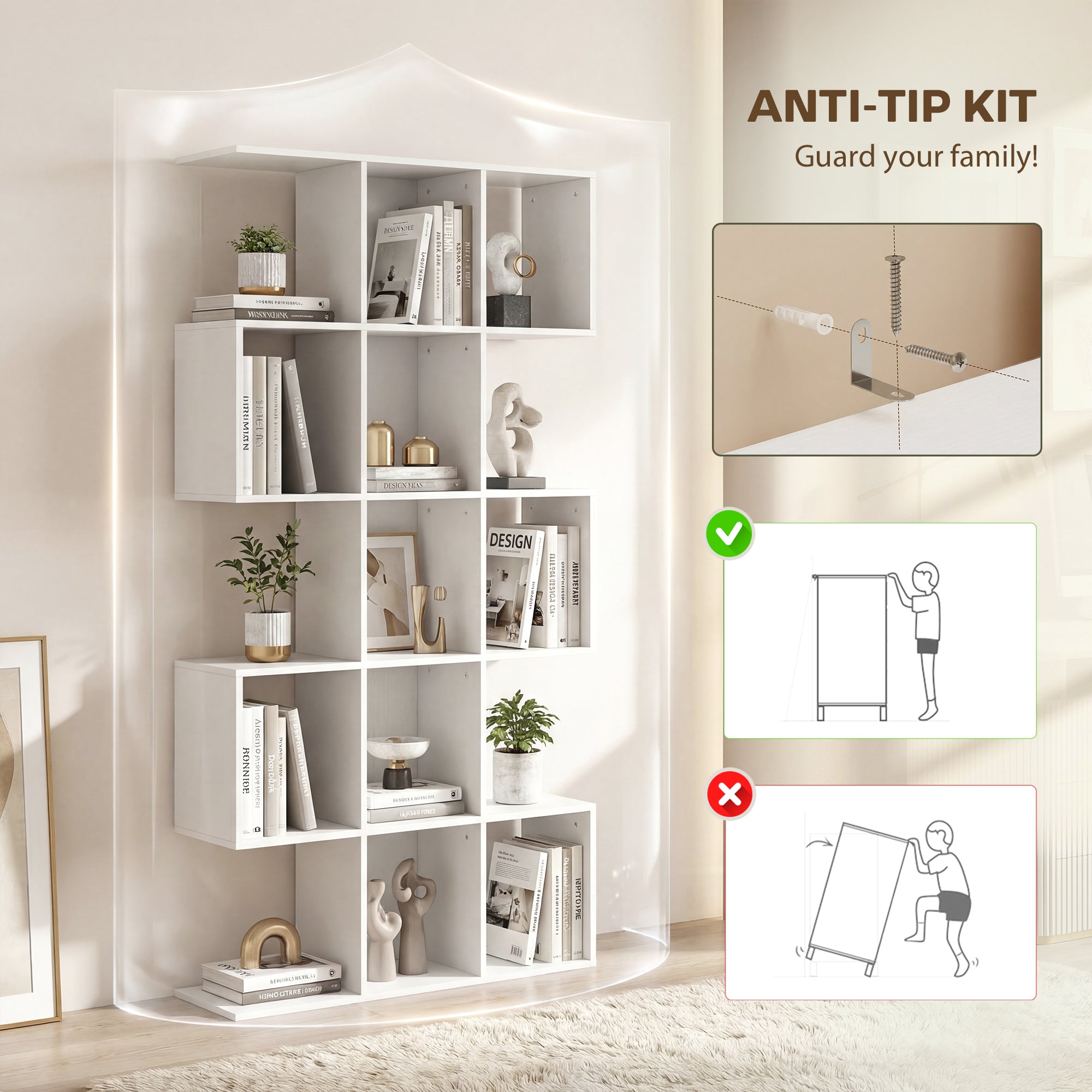 HOMCOM 5-Tier Bookshelf, S Shaped Geometric Bookcase with 15 Compartments, White Wood Effect 