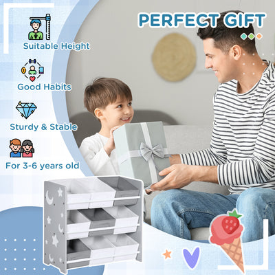 ZONEKIZ Kids Storage Rack, with Nine Removable Baskets, for Nursery, Bedroom, Playroom - Grey 