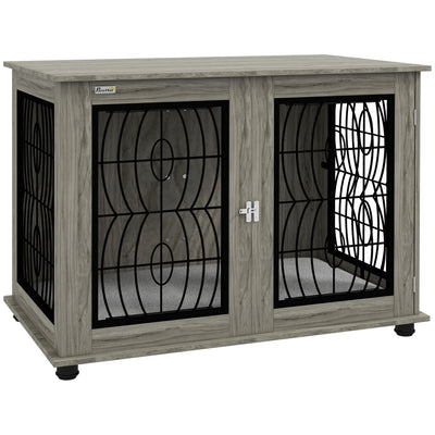PawHut Indoor Dog Crate Furniture End Table with Soft Washable Cushion, Lockable Front Door, for Large Dogs - Grey 