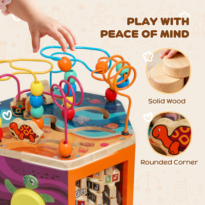AIYAPLAY Wooden Activity Cube, Baby Toys with Bead Maze, Pattern Sorter for Toddlers Boys and Girls 18+ Months 