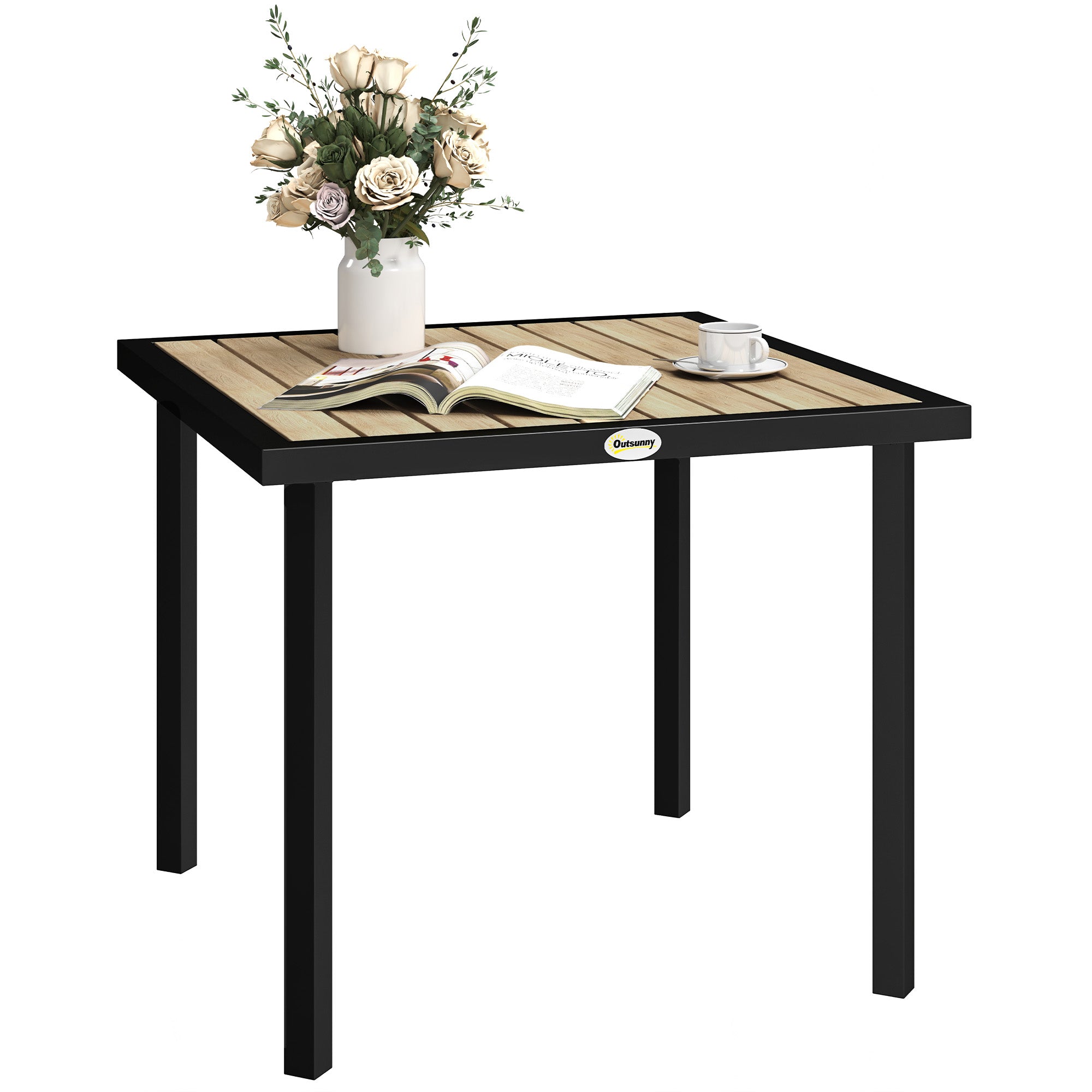 Outsunny Square Garden Dining Table with 5.4cm Parasol Hole, Slatted Top, Metal Frame, 86 x 86 x 71cm, Brown 