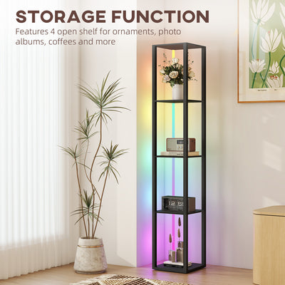 HOMCOM RGB LED Floor Lamp with Shelves, Modern Dimmable Standing Lamp with Remote Control, Adjustable Brightness & Speed for Living Room, Bedroom, Office, Black 