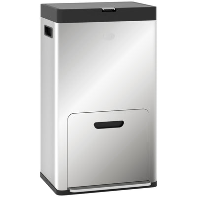 HOMCOM 56L Triple Compartment Stainless Steel Kitchen Bin, with Deodoriser Holders and Wheels - Silver Tone 