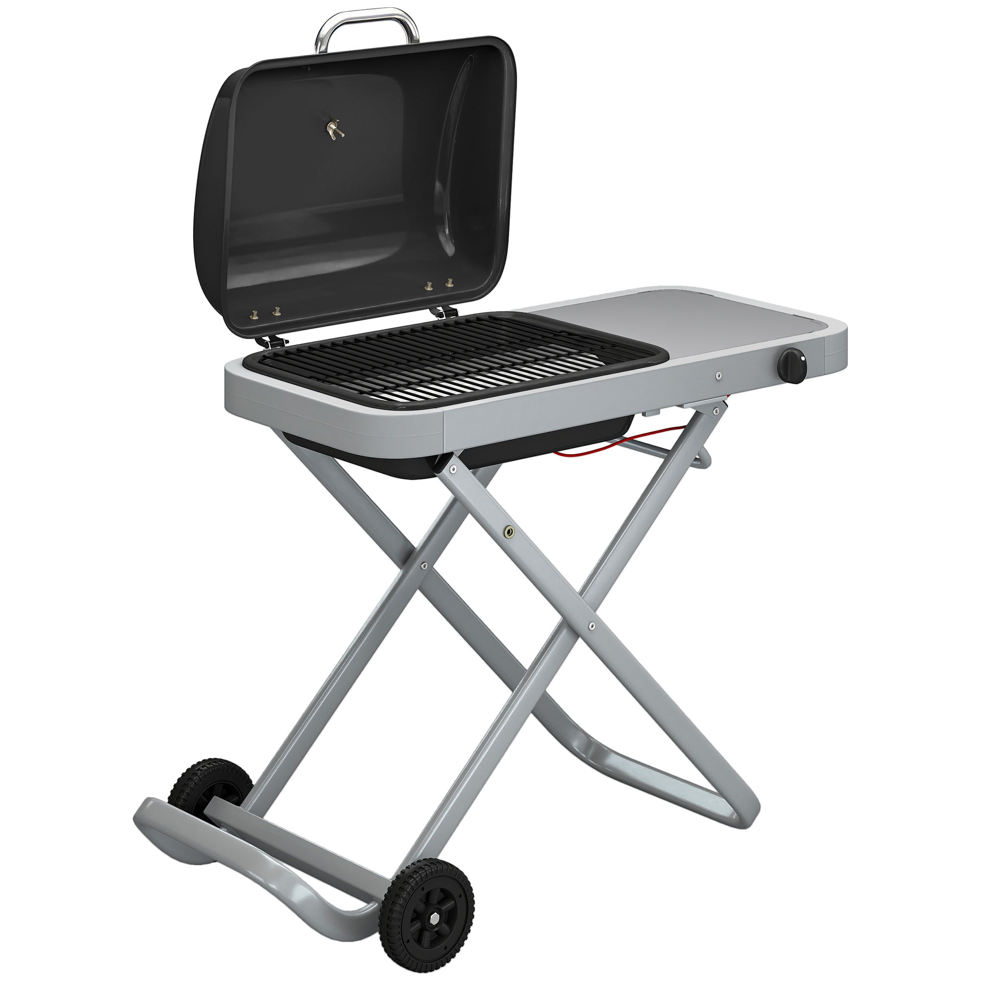 Outsunny Foldable Gas BBQ Grill with Side Table, Portable Gas Barbecue Grill with Thermometer, Grease Box, Wheels, 2.5 kW, Black 