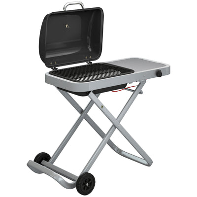 Outsunny Foldable Gas BBQ Grill with Side Table, Portable Gas Barbecue Grill with Thermometer, Grease Box, Wheels, 2.5 kW, Black 
