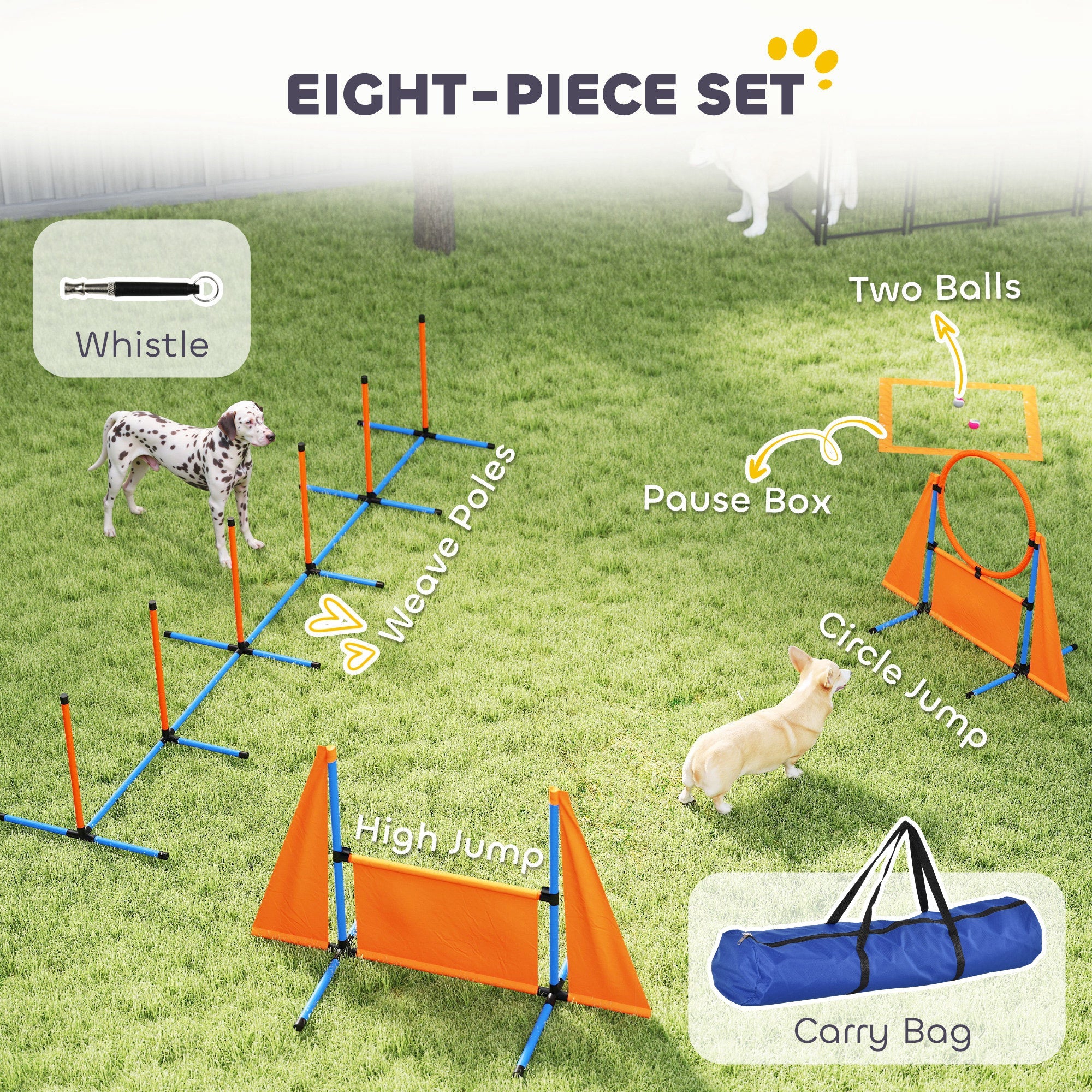 PawHut 6 Pieces Dog Agility Equipment Set with Weave Poles, Jump Ring and Hurdle, Pause Box and Carry Bag, Orange 