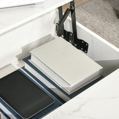 HOMCOM Modern Lifting Coffee Table with Hidden Compartment, Storage Coffee Table for Living Room, Faux Marble White 