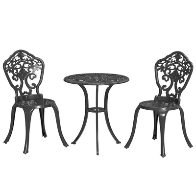 Outsunny 3 Piece Cast Aluminium Garden Bistro Set for 2 with Parasol Hole, Outdoor Coffee Table Set, Two Armless Chairs and Round Coffee Table for Balcony, Patio, Black 