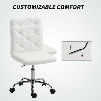 HOMCOM PU Leather Armless Office Chair, Modern Vanity Computer Swivel Chair with Rolling Wheels and Adjustable Height for Home Study, Bedroom, White 