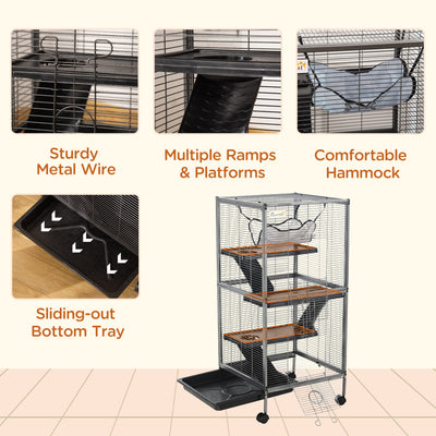 PawHut Small Animal Cage with Wheels Pet Home for Chinchillas Ferrets Kittens, with Hammock, 4 Platforms, Removable Tray, Silver 
