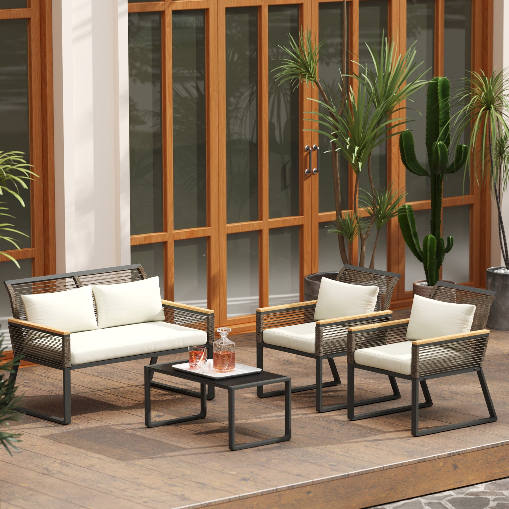 Outsunny Four Piece Wicker Rope Garden Furniture Set with Glass Top Coffee Table - Grey 